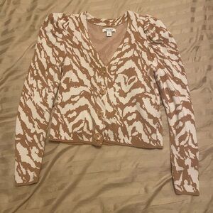 Nine West Tan White Zebra Stipe Puff Sleeve Cardigan Size Extra Small
